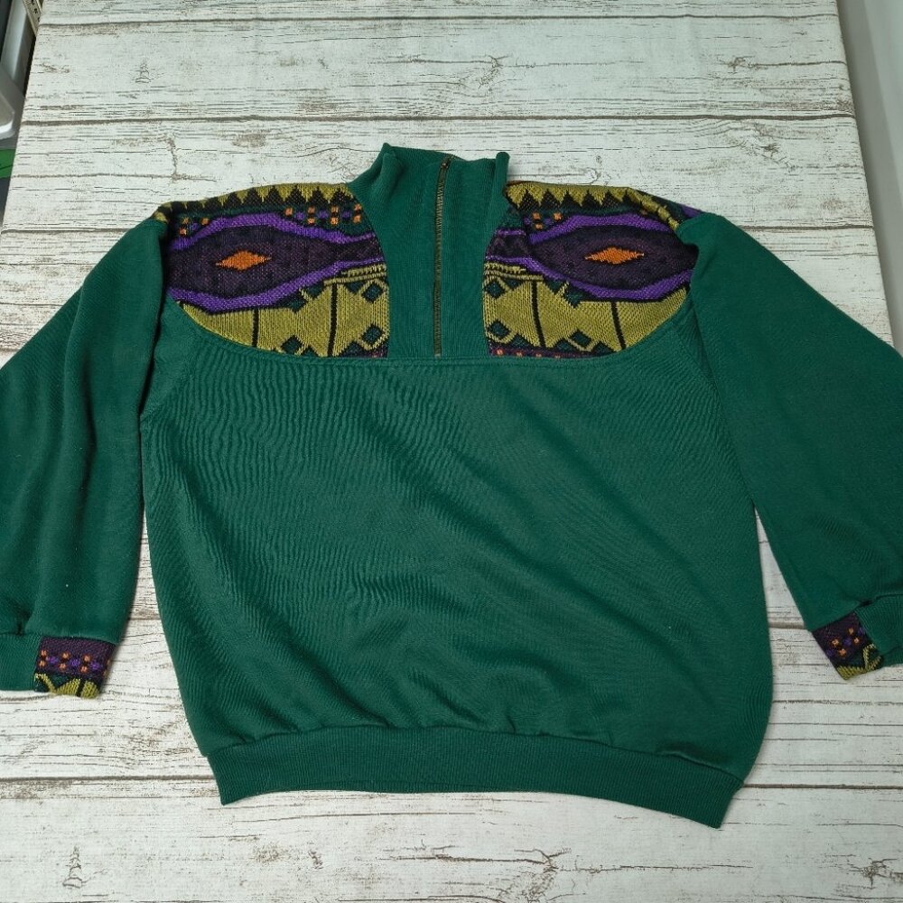 Vintage Karuba Quarter Zip Geometric Green Colorful Sweater Size Medium
